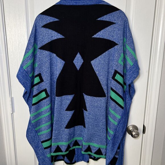 ASHRO Open Shawl Poncho Cardigan Sweater OS Metallic Blue Green Black Tribal - Picture 3 of 8
